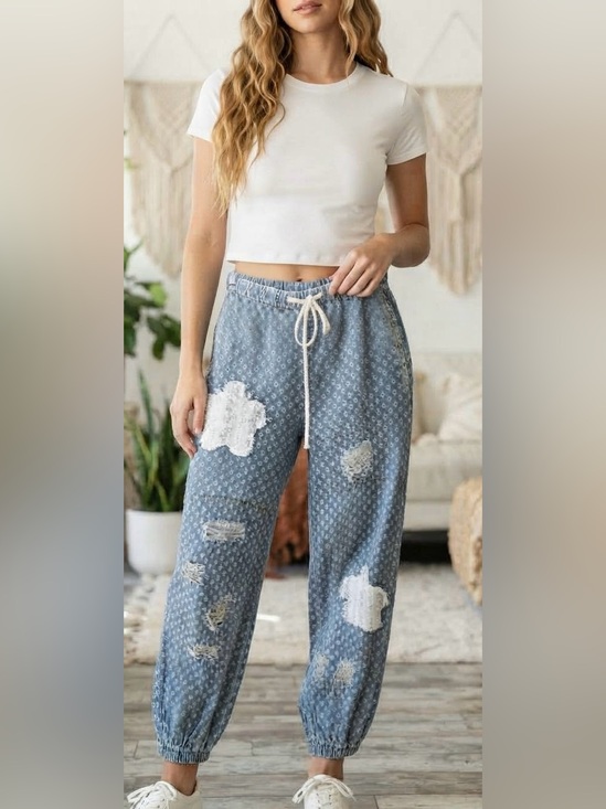 POL Denim - POL Women’s Light Blue Distressed floral patched Denim jogger Jeans